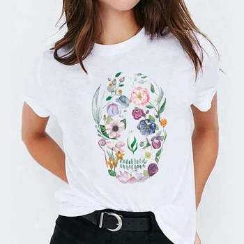 Marškinėliai Moterims trumpomis Rankovėmis Gėlių Kaukolė Mujer Camisetas Helovinas Spausdinti Lady marškinėliai Moteriška Tee Viršuje Moterų Grafinis T-Shirt