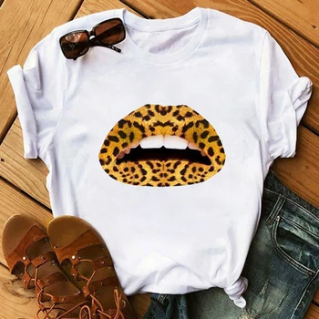 Maycaur Moterys T-Shirt Lūpų Leopard Širdies Spausdinti Marškinėliai Moterims Vasaros Atsitiktinis Baltos Viršūnės Prarasti Trumpomis Rankovėmis Marškinėlius Camisas Mujer