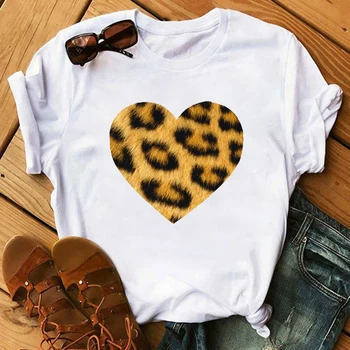 Maycaur Moterys T-Shirt Lūpų Leopard Širdies Spausdinti Marškinėliai Moterims Vasaros Atsitiktinis Baltos Viršūnės Prarasti Trumpomis Rankovėmis Marškinėlius Camisas Mujer