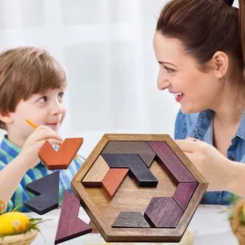 Medienos Šešiakampis Dėlionės Žaidimas Geometrinės Formos Pažinimo Mediniai Galvosūkiai Suaugusių Vaikų Ankstyvojo Ugdymo Žaislai Vaikams