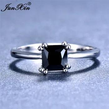 Mielas Mados Moterų Mažas Kvadratas Žiedas Sidabro Spalvos Juodas Cirkonis Akmuo Žiedai Moterims Žada Meilės Vestuvinis Žiedas