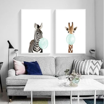 Mielas Mėlynos Kramtomosios Gumos Gyvūnų Zebra Žirafa Koala Kengūros Drobė Menas Abstraktus Paveikslas Spausdinti Plakato Nuotrauką, Sienos, Namo Apdailos