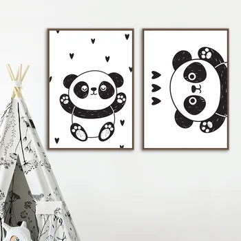 Mielas Panda Sienos Meno Tapybos Drobės Juoda Balta Animacinių Filmų Šiaurės Plakatai Ir Spausdina Drobės Nuotrauka Vaikams, Kūdikio Kambarys, Miegamasis Dekoro