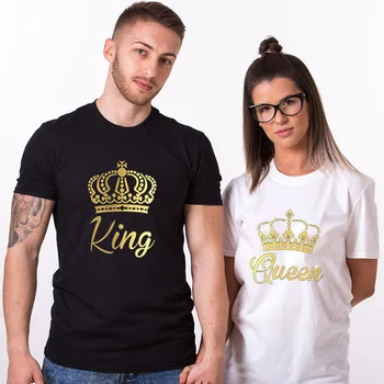 Minkštas Viršų Tee Unisex Atsitiktinis Vasarą Pora Atitikimo Tee Karaliaus ir Karalienės Aukso Karūnas Spausdinti marškinėliai