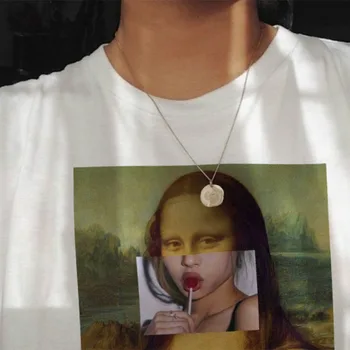 Mona Lisa juokingas animacinių filmų mados print T-shirt klaidingą asmenybės Harajuku mados Vasaros atsitiktinis palaidų estetika moteriški drabužiai