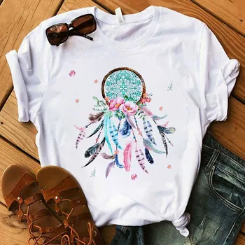 Moteriški marškinėliai Moterims Vasaros Gėlių Auskarai T-shirt Dreamcatcher T-shirt Grafikos Viršūnes moteriški Drabužiai Kawaii Trumpas Rankovės