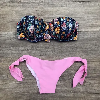 Moterų bikini maudymosi kostiumėlį 2021 Seksualus Tvarstis Gėlių Spausdinti Krūties Trinkelėmis seksualus maudymosi Kostiumėliai, Padalinta Maudymosi kostiumas Swimsuit maillot de bain femme