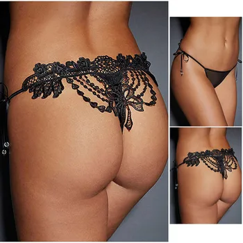 Moterų Kelnės Sexy Nėrinių Lankas-Mazgai Kelnaitės apatinės Kelnės Bikini Kelnaitės moteriškas apatinis Trikotažas, Apatiniai Juodos spalvos Vientisą Ponios Mažas Juosmens Erotika