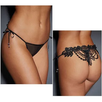 Moterų Kelnės Sexy Nėrinių Lankas-Mazgai Kelnaitės apatinės Kelnės Bikini Kelnaitės moteriškas apatinis Trikotažas, Apatiniai Juodos spalvos Vientisą Ponios Mažas Juosmens Erotika