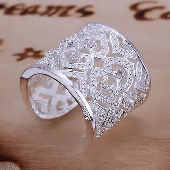 Moterų sidabro sidabrą, žiedus, sužadėtuvių, vestuvių ir Vestuvių papuošalai R106,Inkrustacijos Multi Širdies Žiedas-Sidabriškai Atidaryta vestuvių žiedas