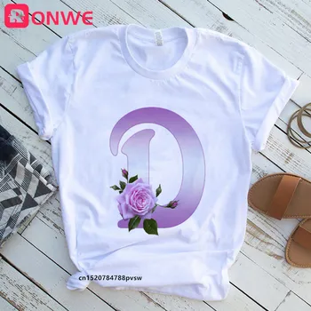 Moterų Užsakymą Vardą Rose Laišką Derinys Spausdinimo T-shirt Gėlių Raidė Šriftu A B C D E F G trumpomis rankovėmis Marškinėlius,Lašas Laivas