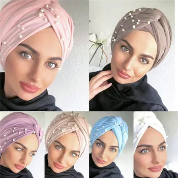 Musulmonų Mados Moterų Elastinga Aksomo Perlai Turbaną Kepurės Islamo Hijab Variklio Dangčio Musulman Femme Skarelė Indijos Skrybėlę Turbante Mujer