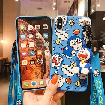 Mėlyna Doraemon iPhone 12 11 Pro Xs Max Xs XR 6 7 8Plus SE 2020 Atveju TPU Atveju Stovo Laikiklį Minkštas Telefono Dirželis Virvę Atveju