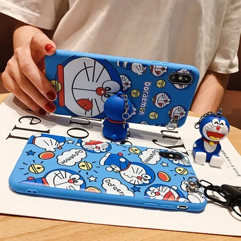 Mėlyna Doraemon iPhone 12 11 Pro Xs Max Xs XR 6 7 8Plus SE 2020 Atveju TPU Atveju Stovo Laikiklį Minkštas Telefono Dirželis Virvę Atveju
