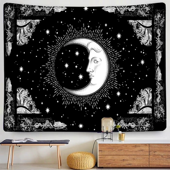 Mėnulis Gobelenas Indijos Mandala BlackAnd Balta Žvaigždėtą Europos PatternYoga Antklodė Bendrabutyje Astrologija Tapiz Kambarį Apdaila