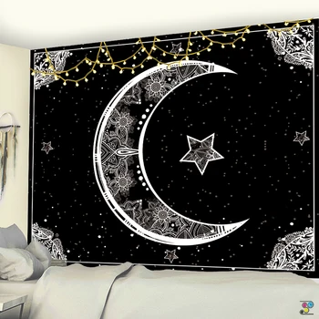 Mėnulis Gobelenas Indijos Mandala BlackAnd Balta Žvaigždėtą Europos PatternYoga Antklodė Bendrabutyje Astrologija Tapiz Kambarį Apdaila