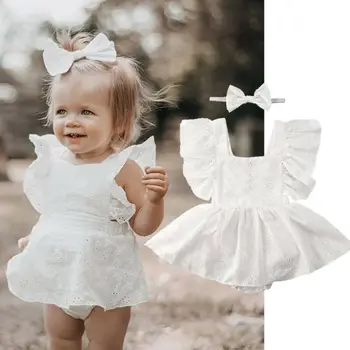 Naujagimiui Baby Girl Baltoji Princesė Nėrinių Rankovių Romper Suknelė Lankas Lankelis Drabužiai, Apranga Rinkiniai