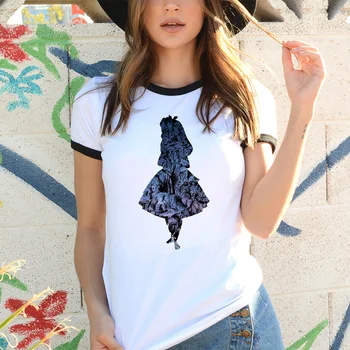 Naujas Alice In Wonderland Atspausdinta Marškinėliai Moteriška Estetinės Mergina ir Triušis Grafinis Tees Moterų Marškinėliai Femme Harajuku Drabužius T-shirt