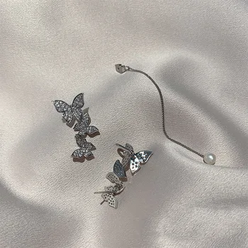 Naujas asimetrinis bauda drugelis modeliavimo Moterų auskarai sutartis ilgai kutas saldus perlas blizga kristalų tendencija Lašas auskarai