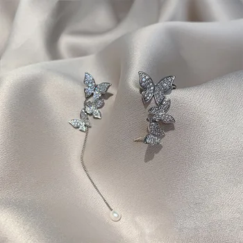Naujas asimetrinis bauda drugelis modeliavimo Moterų auskarai sutartis ilgai kutas saldus perlas blizga kristalų tendencija Lašas auskarai