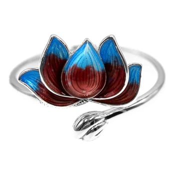 Naujas Atvykimo Etninės Kūrybinis Dizainas Augalų Lotus Reguliuojamas Žiedai Moterims Moteriški 925 Sterlingas Sidabro Spalvinga Glazūra Emalio Žiedas