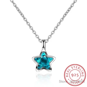Naujas Paprastas Mados Ocean Blue Crystal Mažai Žvaigždžių Karoliai Moterų Mergina 925 Sterlingas Sidabro Papuošalai S-N246