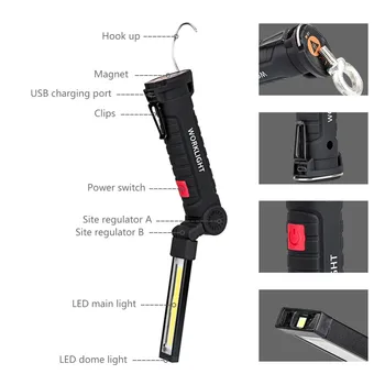 Nešiojamų 5 Režimu COB Žibintuvėlį, Fakelą USB Įkraunamas LED Darbo Šviesos Magnetinis COB Lanterna Kabinti Kablys Lempos, Lauko Kempingas