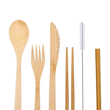 Nešiojamų Ekologinio Draugiškas stalo įrankiai Nustatyti 7PCS Bambuko Peiliai Nustatyti, Peilį, Šakutę, Šaukštą Daugkartinio naudojimo Šiaudelius Bambuko Lazdelės Kelionės Reikmenys