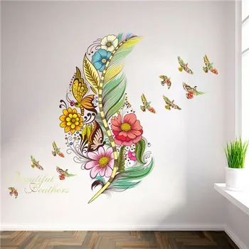 % olourful 3d vivid plunksnų drugelis paukščių, gėlių sienų lipdukai namų puošybai kambarį pvc sienų lipdukai 