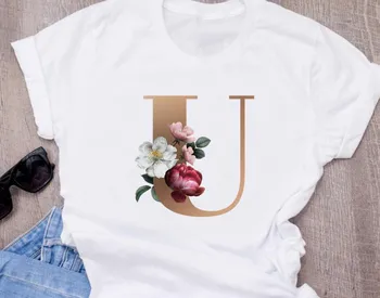 Pasirinktinis pavadinimas laišką derinys moterų Aukštos kokybės spausdinimo T-shirt Gėlių raidė Šriftu A B C D E F G trumpomis rankovėmis Drabužius