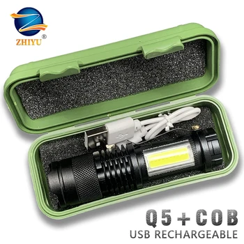 Pastatytas Baterija Q5 Nešiojama Mini Led Žibintuvėlis Zoom Fakelas COB Žibintas 2000 Liumenų Reguliuojamas Penlight Vandeniui Lauko