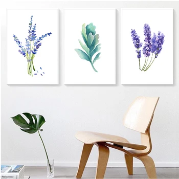 Pavasario Žaliųjų Augalų Violetinės Levandos Lapų, Gėlių Paveikslai Tapyba Spausdinti Plakato Nuotrauką Sienos Modernus Minimalistinis Namų Miegamajame Deco