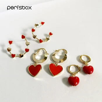 Peri'sBox 3 Dizaino Raudona Meilės Širdis Emaliuota Hoopas Auskarai Mažas Skanėstas Auskarai Akrilo Lašai Aukso Ratas, Minimalistiniai Auskarai