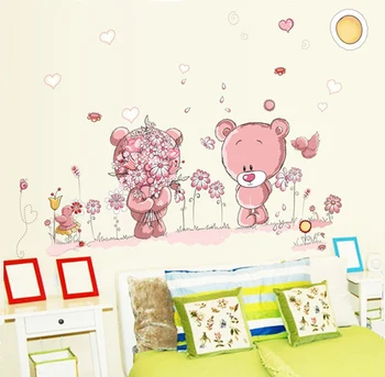 Pink Cartoon Katė, Triušis Gėlių siena lipdukas Kūdikių Mergaičių, Vaikų Kambariai, Namų Dekoro Meškiukas Skėtis Klasėje Sienos Lipdukai