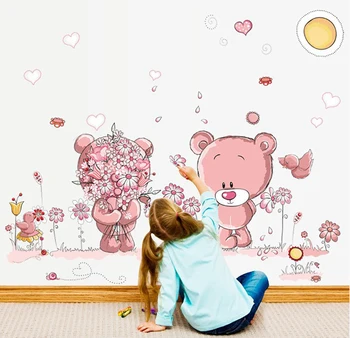 Pink Cartoon Katė, Triušis Gėlių siena lipdukas Kūdikių Mergaičių, Vaikų Kambariai, Namų Dekoro Meškiukas Skėtis Klasėje Sienos Lipdukai