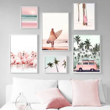 Pink Flamingo Beach Palmių Burlenčių Sienos Meno Tapybos Drobės Šiaurės Plakatai Ir Spausdina Sienos Nuotraukas Gyvenimo Kambario Dekoro