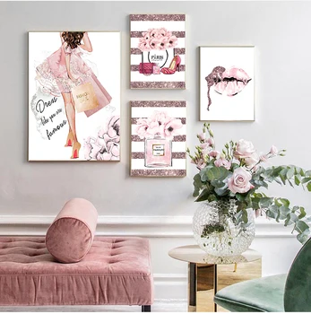 Pink Gėlių Kvepalai Mados Plakatas Blakstienų, Lūpų Makiažas Spausdinti Drobė Meno Tapybos Sienos Nuotrauka Šiuolaikinės Mergina Kambaryje Namų Puošybai