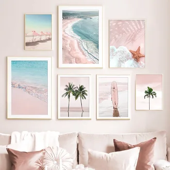 Pink Paplūdimys Burlenčių Skėtis Kokoso Medžio Sienos Meno Tapybos Drobės Šiaurės Plakatai Ir Spausdina Sienos Nuotraukas Gyvenimo Kambario Dekoro