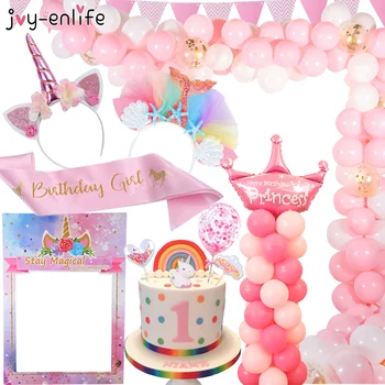 Pink šalis Mergina Gimtadienio Vienaragis šalis dekoro Vienkartiniai indai, Rožinė Skaičius balionas Photo booth rekvizitai Mergina gimtadienis