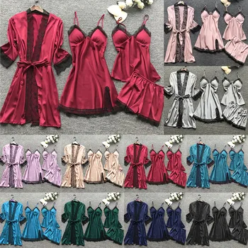 Plius Dydis 2XL 2020 Moterų Pižama Rinkiniai Satino Sleepwear Šilko 4 Gabalus, naktiniai drabužiai Pyjama Spageti Dirželis Nėrinių Miego Lounge 