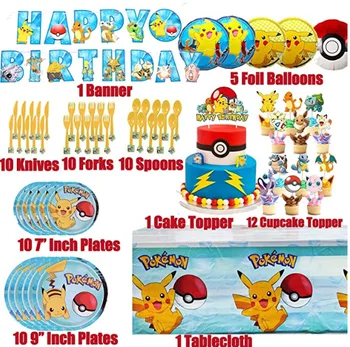 Pokemon Pikachu Berniukas gimtadienio reikmenys Vienkartiniai indai, staltiesės Popieriaus taurės plokštė balionas vaikui Maudytis Apdailos rinkinys