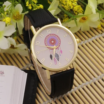 Ponios Atsitiktinis Laikrodžių Mados Dream Catcher Gėlių Kvarciniai Laikrodžių Juodos Odos Moterys Rožinė Suknelė Laikrodžiai Dovanos Reloj Mujer часы