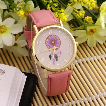 Ponios Atsitiktinis Laikrodžių Mados Dream Catcher Gėlių Kvarciniai Laikrodžių Juodos Odos Moterys Rožinė Suknelė Laikrodžiai Dovanos Reloj Mujer часы