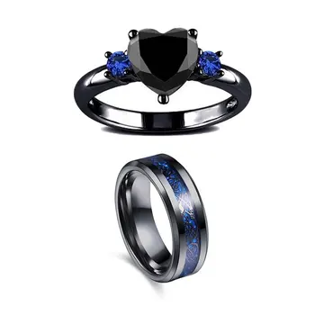 Pora Žiedus - Vyrams, Juoda, Nerūdijančio Plieno Drakonas Modelio Mėlynos spalvos apatinis Žiedas ir Moterų Juodas Cirkonis Širdies Žiedą Dovanų Šalis