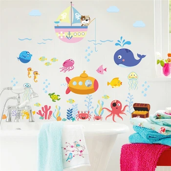 Povandeninė žuvų burbulas sienų lipdukai vaikams kambariai, vonios kambarys, miegamasis namų dekoro animacinių filmų gyvūnų sienos lipdukai 