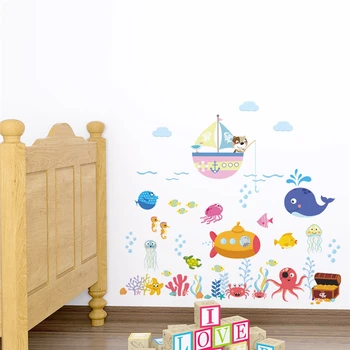Povandeninė žuvų burbulas sienų lipdukai vaikams kambariai, vonios kambarys, miegamasis namų dekoro animacinių filmų gyvūnų sienos lipdukai 