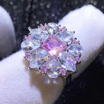 Prabanga Moterų Big Pink Akmens Žiedas, Sidabro Spalvos Vestuvių Žiedai Moterims 2019 Naujųjų Metų Mados Vestuvinis Žiedas Papuošalai, Dovanos