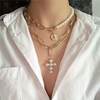 Prabangus Dizainas, Perlų Choker Karoliai Moterų Kryžius Pakabukas Kaklo Moterims Aukso Spalvos 2019 Mados Monetos, Papuošalai