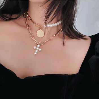 Prabangus Dizainas, Perlų Choker Karoliai Moterų Kryžius Pakabukas Kaklo Moterims Aukso Spalvos 2019 Mados Monetos, Papuošalai