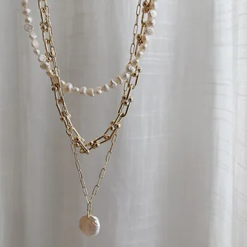 Prancūzijos Derliaus Nereguliarus Gėlavandenių Perlų, Aukso Padengtą Stambusis Nuorodą Grandinės Sluoksniuotos Karoliai Moterims Moteriški Perlų Vėrinį